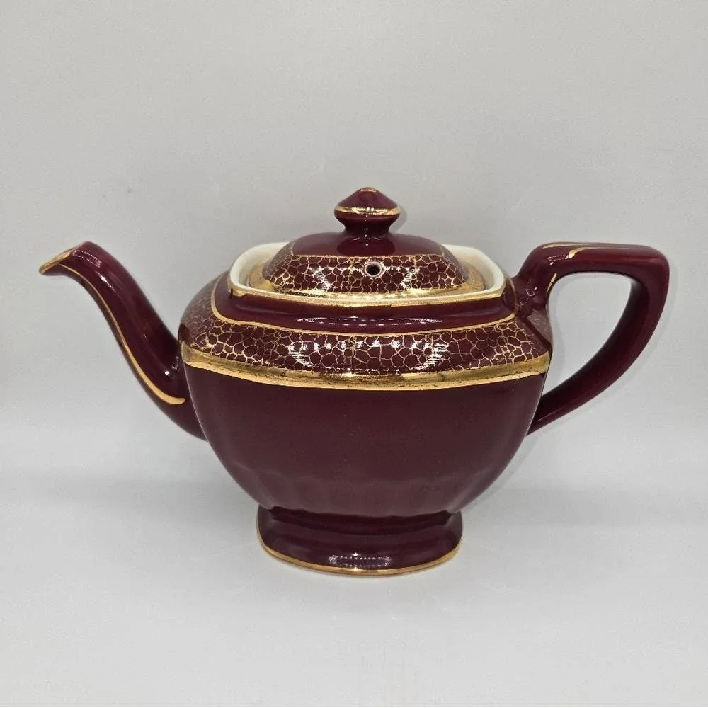 Vintage Hall China Maroon‎ Gold Crackle Teapot 0113 6 Cup Ceramic Made in USA
